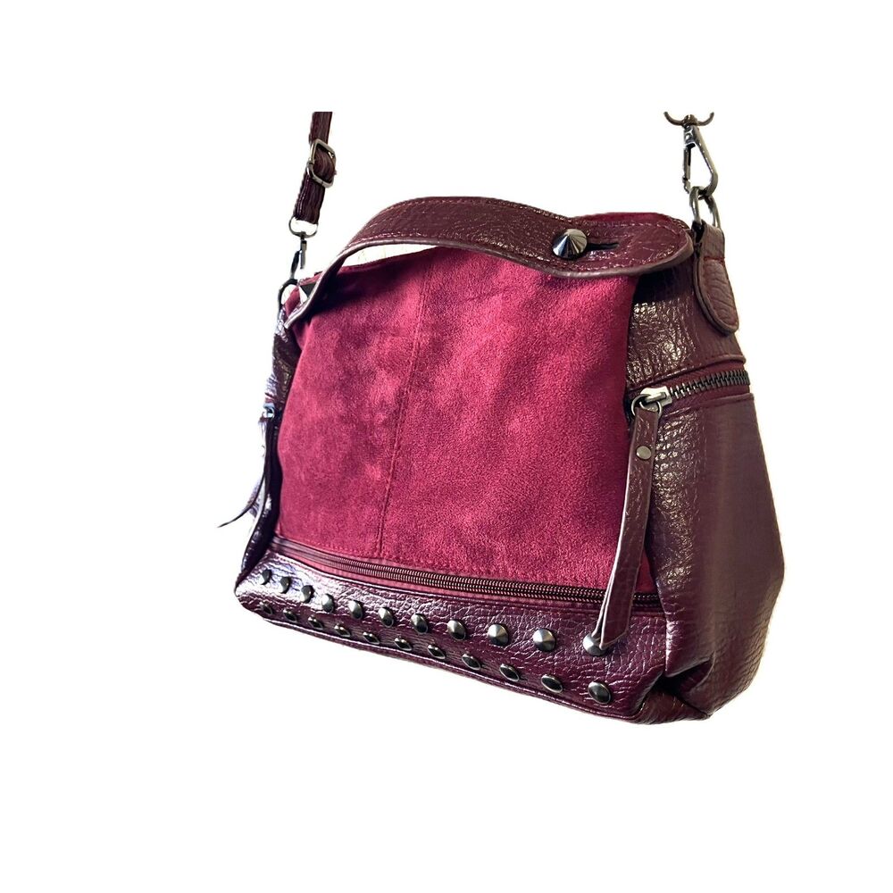 Red Burgundy Faux Leather Suede Studded Crossbody Shoulder Bag